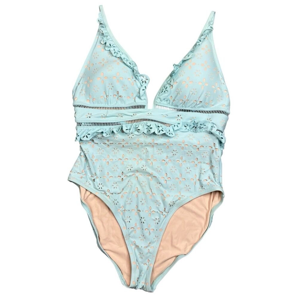 J Crew Eyelet Swimsuit Womens 14 Blue One Piece Ruffle Plunge Scalloped K9136
